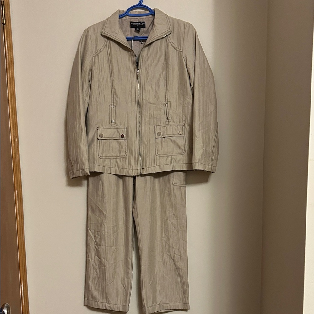 Monterey Bay light tan 2-piece pants/jacket with darker deco stitch size small